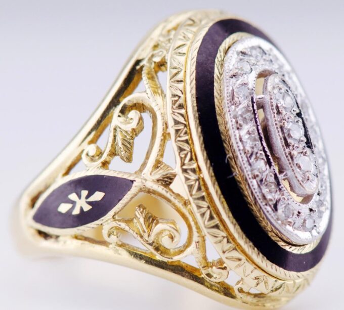 Faberge Ring Empire 18k Gold Enamel Pierced Ornate c1900's One of a Kind Antique