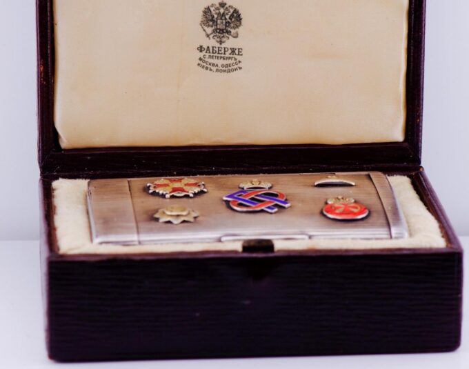 FABERGE Cigarette Case Antique Tsar's Award Silver Enamel Prince Oldenburgsky