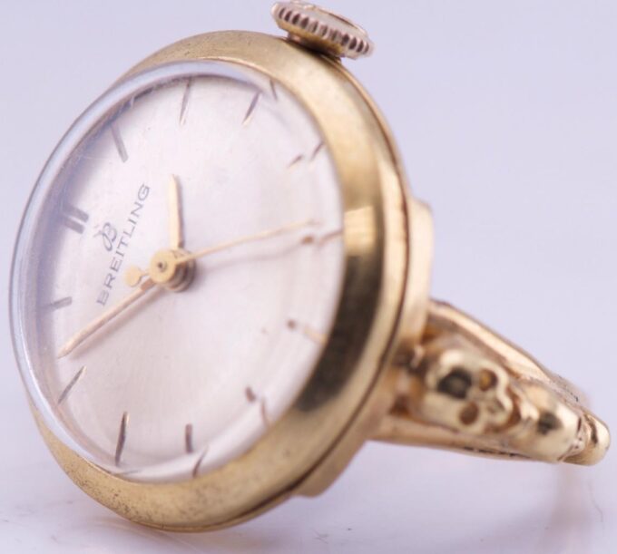 Breitling 14k Gold Ring Watch Vintage Memento Mori Skull Boxed c1960 RARE