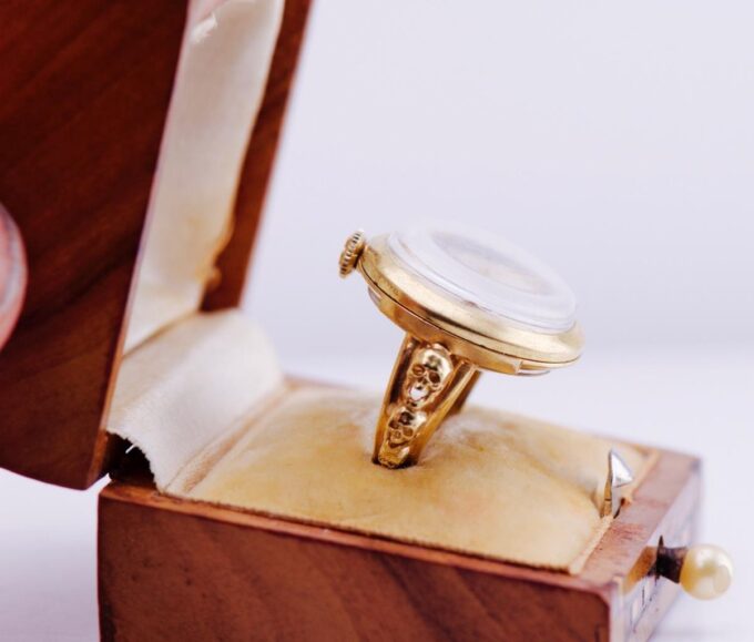 Breitling 14k Gold Ring Watch Vintage Memento Mori Skull Boxed c1960 RARE
