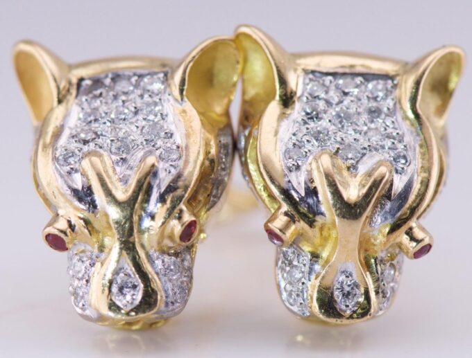 Chaumet Earrings Puma Head Antique French Estate Diamond Ruby 18k Gold Boxed