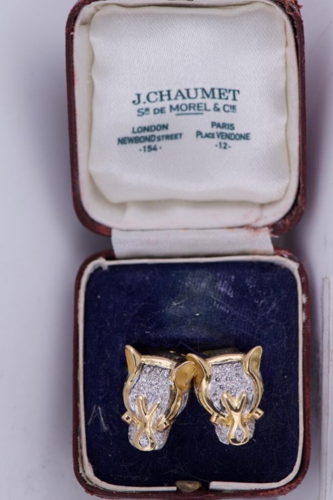 Chaumet Earrings Puma Head Antique French Estate Diamond Ruby 18k Gold Boxed