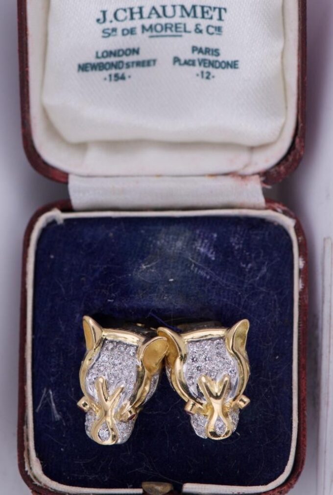 Chaumet Earrings Puma Head Antique French Estate Diamond Ruby 18k Gold Boxed