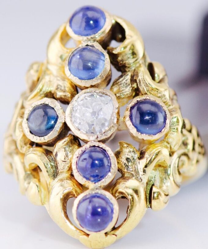 Antique Empire Era Faberge Ladies Ring 14k Gold 2ct Sapphire-Alfred Thielemann