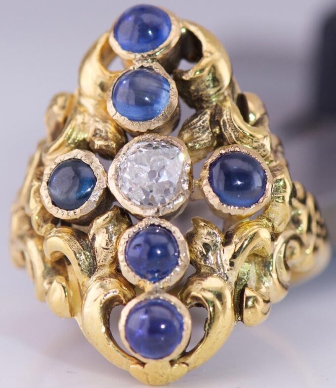 Antique Empire Era Faberge Ladies Ring 14k Gold 2ct Sapphire-Alfred Thielemann