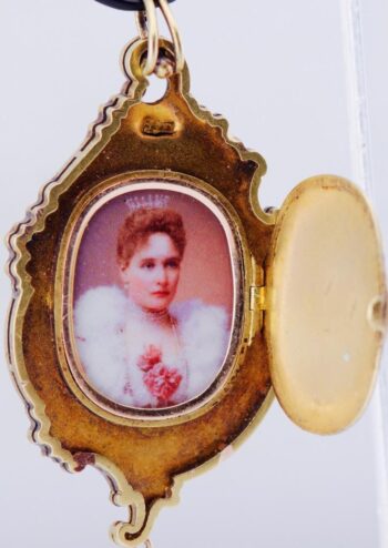 FABERGE Locket Pendant 14k Gold Enamel Antique Portrait of Empress Alexandra