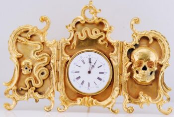 Desk Clock Antique Gilt Bronze Miniature Memento Mori Skull Doctor's c1879 RARE