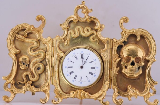 Desk Clock Antique Gilt Bronze Miniature Memento Mori Skull Doctor's c1879 RARE
