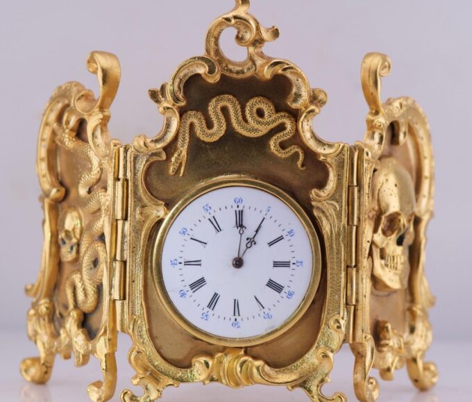 Desk Clock Antique Gilt Bronze Miniature Memento Mori Skull Doctor's c1879 RARE