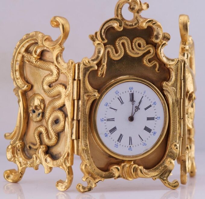 Desk Clock Antique Gilt Bronze Miniature Memento Mori Skull Doctor's c1879 RARE