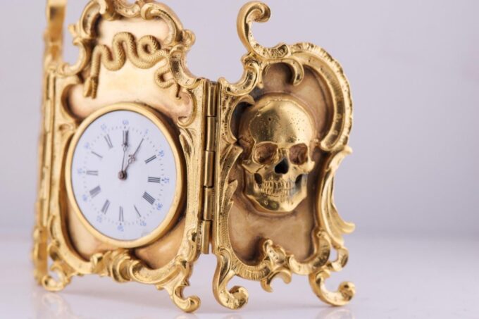 Desk Clock Antique Gilt Bronze Miniature Memento Mori Skull Doctor's c1879 RARE