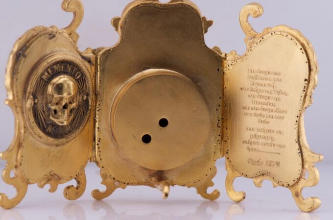 Desk Clock Antique Gilt Bronze Miniature Memento Mori Skull Doctor's c1879 RARE