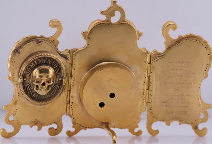Desk Clock Antique Gilt Bronze Miniature Memento Mori Skull Doctor's c1879 RARE