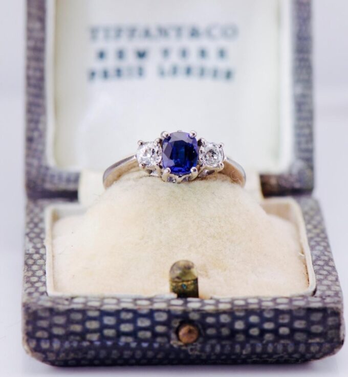 Tiffany & Co Ring Antique Art Deco 18K White Gold c1930s Diamond Sapphire Boxed