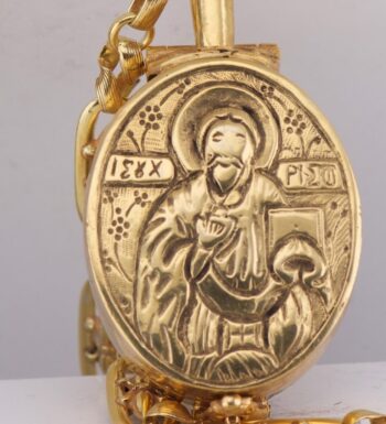 Antique French Verge Fusee Pocket Watch with Religious Reposée Gilt Bronze Case