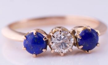 Antique Empire Ladies Ring 14k Gold Lapis-Lazuli and Diamond c1900s