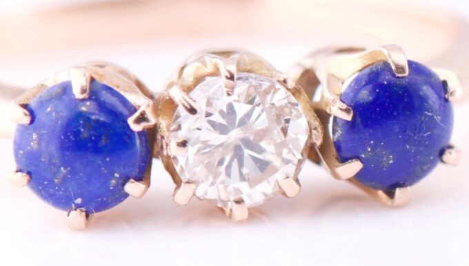 Antique Empire Ladies Ring 14k Gold Lapis-Lazuli and Diamond c1900s