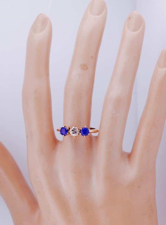 Antique Empire Ladies Ring 14k Gold Lapis-Lazuli and Diamond c1900s
