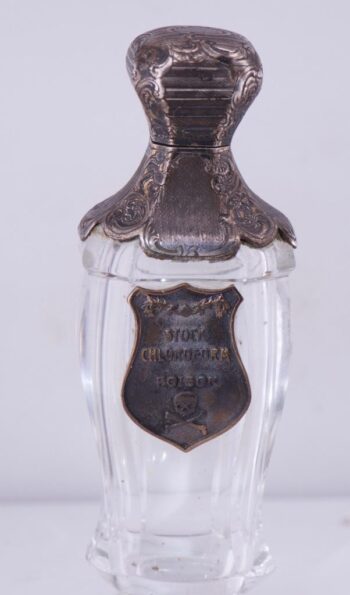 Antique Victorian Medicine Poison Bottle Silver Crystal c1870s Skull Warning Tag