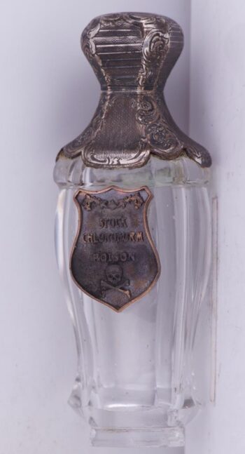 Antique Victorian Medicine Poison Bottle Silver Crystal c1870s Skull Warning Tag