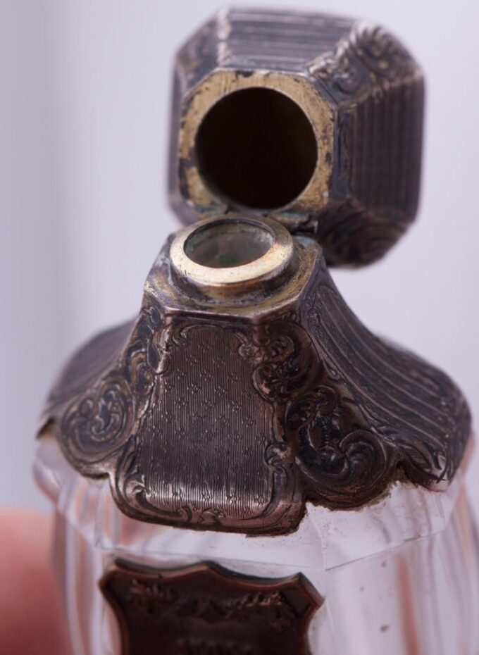 Antique Victorian Medicine Poison Bottle Silver Crystal c1870s Skull Warning Tag