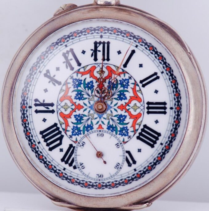 Antique French Silver Engraved Case Pocket Watch Fancy Enamel Dial c1890's