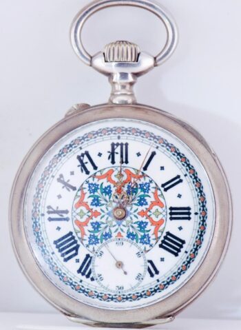 Antique French Silver Engraved Case Pocket Watch Fancy Enamel Dial c1890's