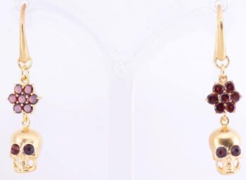 Antique Victorian Skull Earrings Set Memento Mori Gilt Silver and Garnets