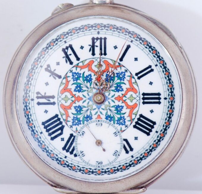 Antique French Silver Engraved Case Pocket Watch Fancy Enamel Dial c1890's