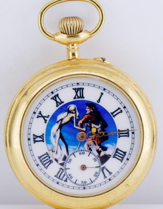 Antique Victorian 18k Gold Plated Pocket Watch – Memento Mori Skull Snake c1890