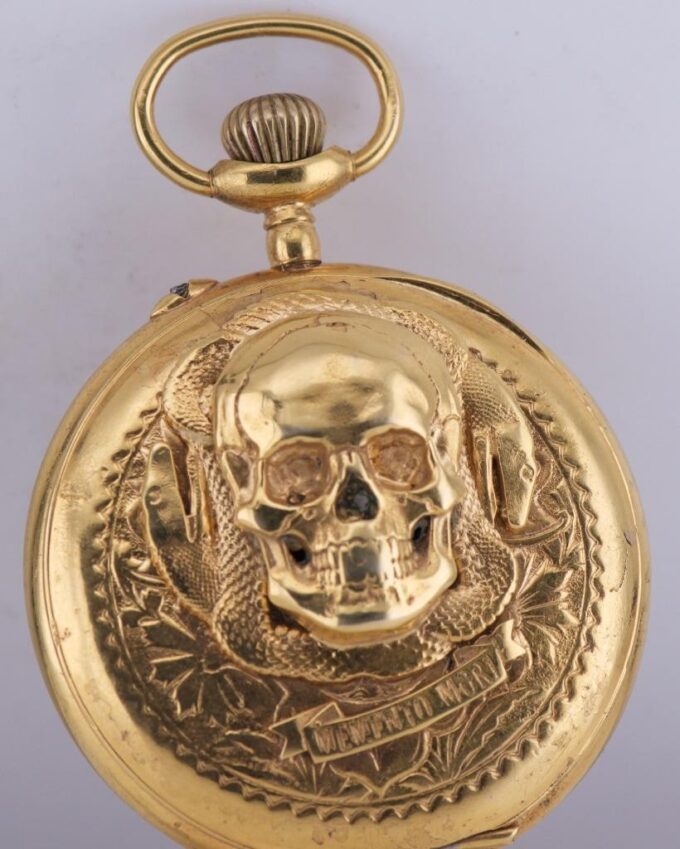 Antique Victorian 18k Gold Plated Pocket Watch – Memento Mori Skull Snake c1890