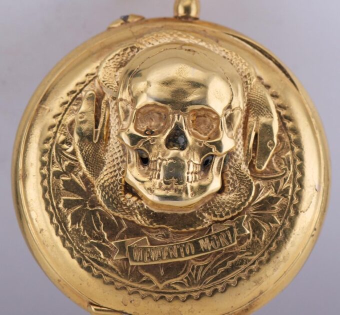 Antique Victorian 18k Gold Plated Pocket Watch – Memento Mori Skull Snake c1890