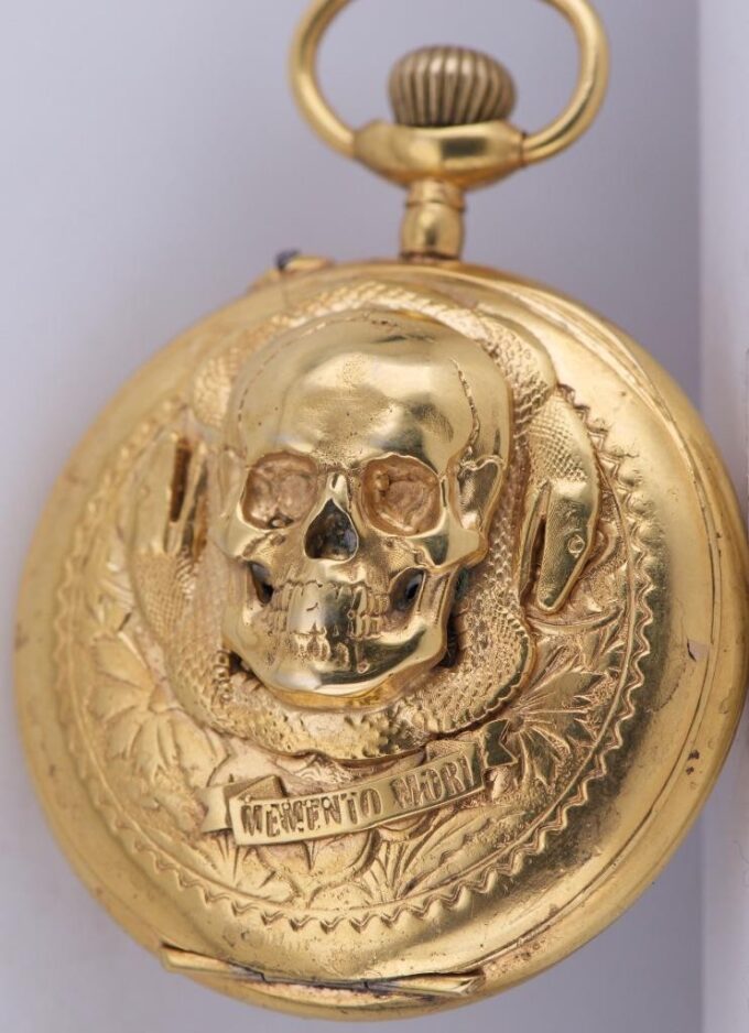 Antique Victorian 18k Gold Plated Pocket Watch – Memento Mori Skull Snake c1890