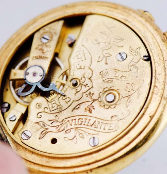 Antique Victorian 18k Gold Plated Pocket Watch – Memento Mori Skull Snake c1890
