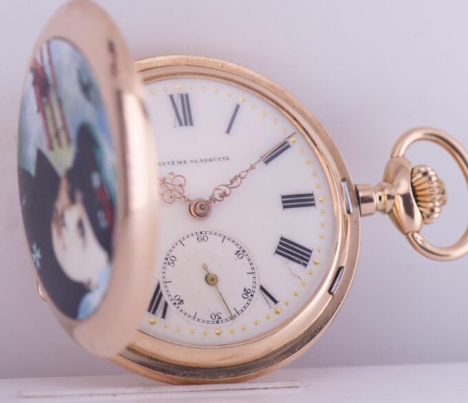 Antique Systeme Glashutte Pocket Watch 14k Gold Enamel-WWI German Pilot's Award