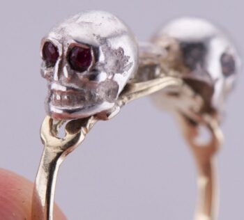 Antique Victorian Memento Mori Skull Ring 14K Gold Diamond Rubies-Size 8