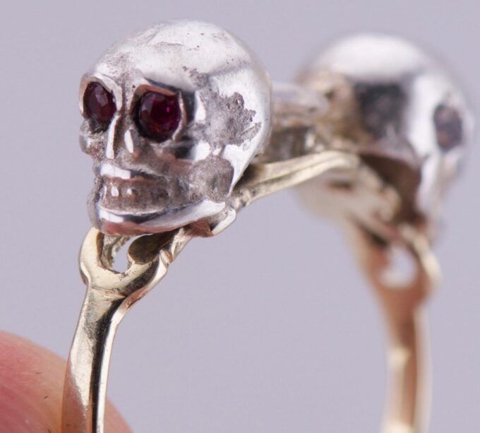 Antique Victorian Memento Mori Skull Ring 14K Gold Diamond Rubies-Size 8