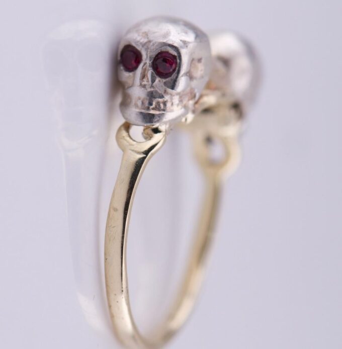 Antique Victorian Memento Mori Skull Ring 14K Gold Diamond Rubies-Size 8