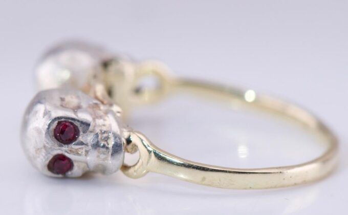 Antique Victorian Memento Mori Skull Ring 14K Gold Diamond Rubies-Size 8