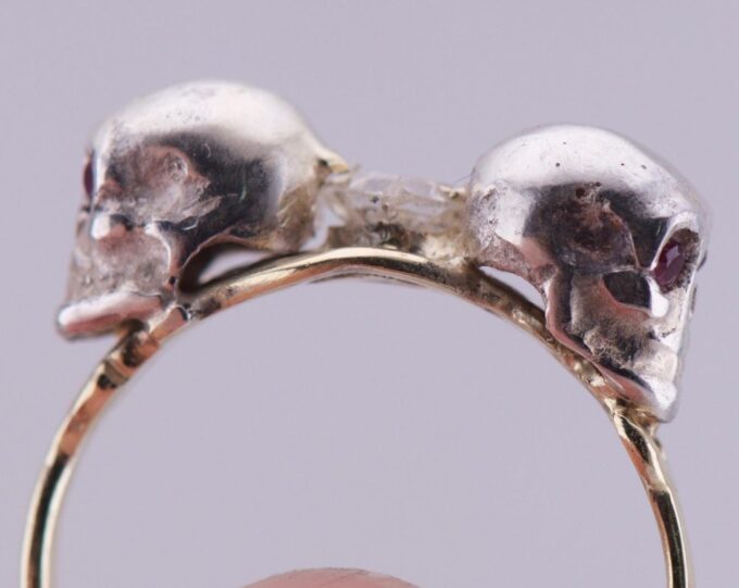 Antique Victorian Memento Mori Skull Ring 14K Gold Diamond Rubies-Size 8