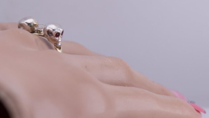 Antique Victorian Memento Mori Skull Ring 14K Gold Diamond Rubies-Size 8