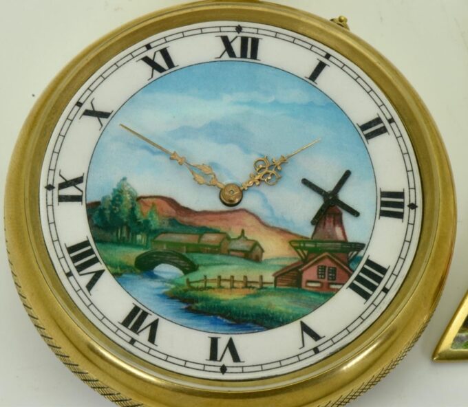 Antique Pocket Watch Automaton Dutch Mill Dial-Demonstrator Oversize c1890 Stand