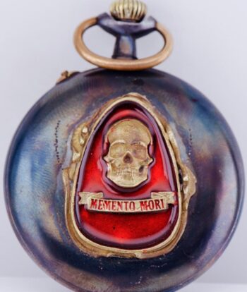 Antique Occultist Pocket Watch Memento Mori Skull Enamel Case Skeleton Movement