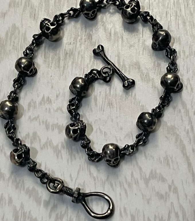 Antique Victorian Pocket Watch Chain Fob Sterling Silver MEMENTO MORI SKULLS