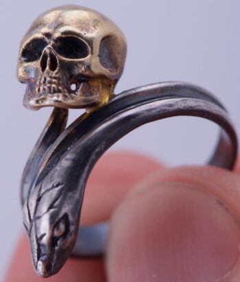 Vintage Estate Sterling Silver Memento Mori Skull and Snake Ring-size 9