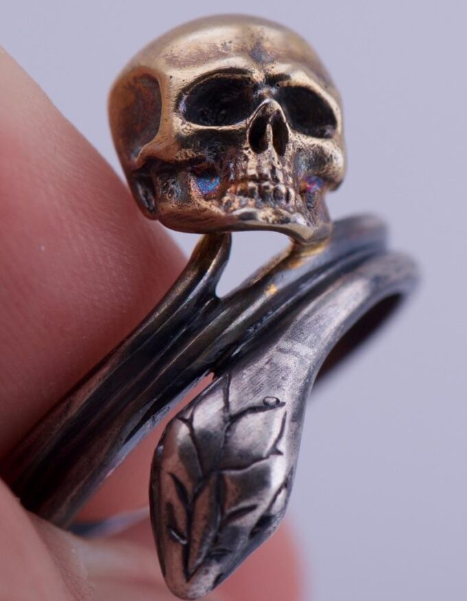 Vintage Estate Sterling Silver Memento Mori Skull and Snake Ring-size 9