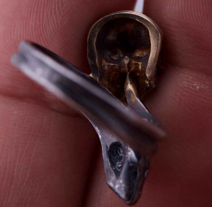 Vintage Estate Sterling Silver Memento Mori Skull and Snake Ring-size 9