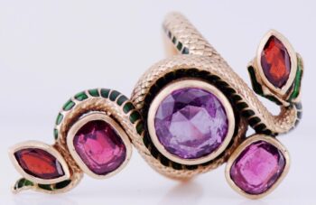 Antique Art-Nouveau Snake Serpent Ring 18k Gold Enamel Amethyst and Tourmalines