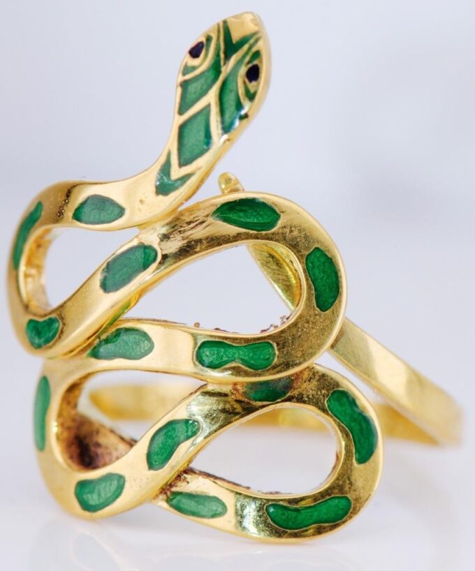 Antique Boucheron Paris 18K Gold & Green Enamel Snake Ring Size 8.5 | 8 Grams