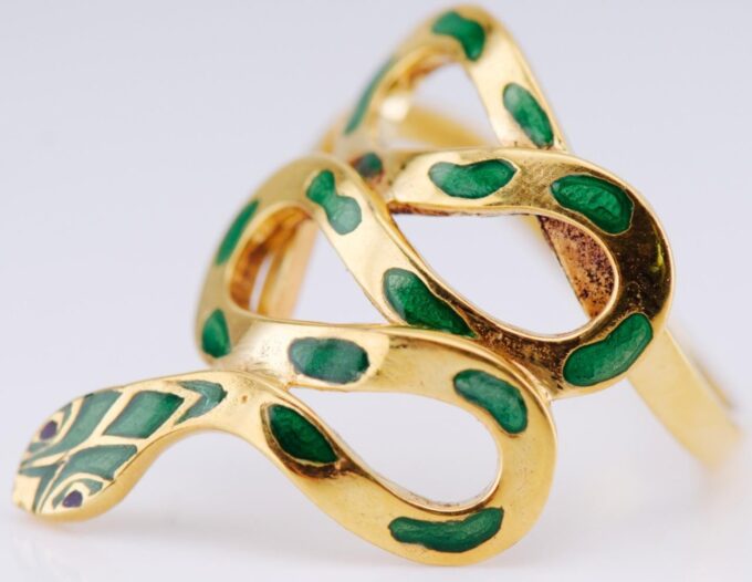 Antique Boucheron Paris 18K Gold & Green Enamel Snake Ring Size 8.5 | 8 Grams
